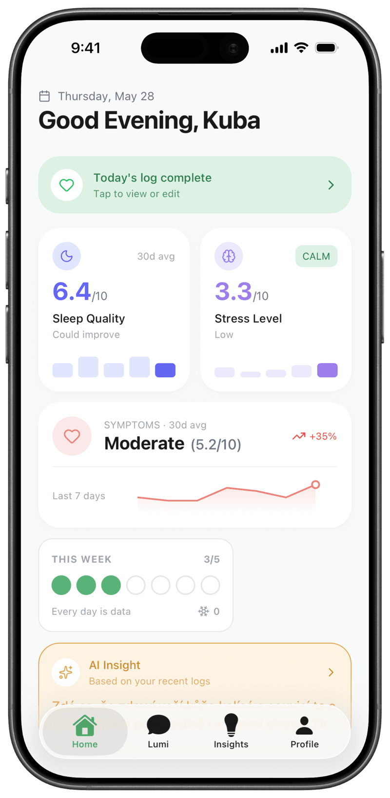 exemio dashboard showing 30-day averages for sleep and stress, weekly streak, and AI insight banner