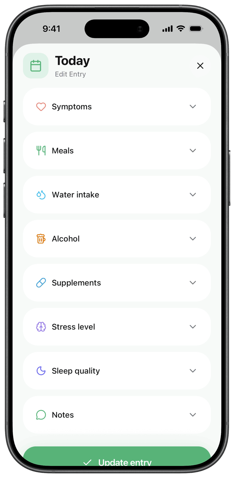 exemio daily log screen with Symptoms, Meals, Water, Alcohol, Supplements, Stress, Sleep, and Notes categories