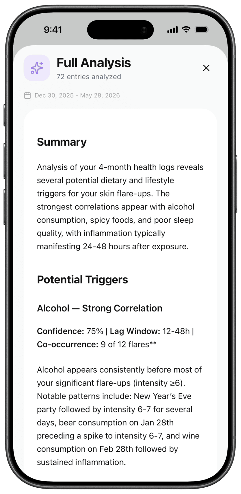 exemio Full Analysis screen showing AI-detected alcohol correlation with 75% confidence